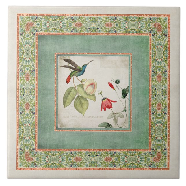 Blumen der Chinoiserie-Vintage Kolibri-n Fliese (Vorderseite)