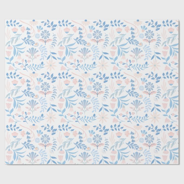 Blumen-Design Boho-Blockdruck blau rosa Mädchenhaf Geschenkpapier (Flach)