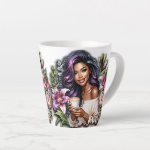 Blumen Design liebliche Dame mit Kaffee Milchtasse