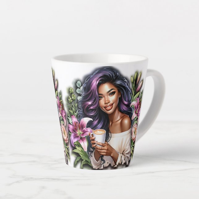 Blumen Design liebliche Dame mit Kaffee Milchtasse (Rechte Ecke)