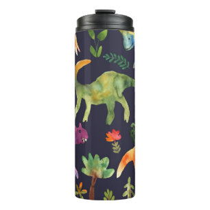 Blumen-Dinosaurier: Wasserfarben-Stoffdesign Thermosbecher