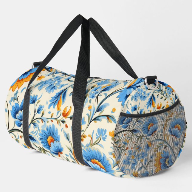 Blumen-Duffelbag mit lebendigem Blau und Orange  Duffle Bag (Rechte Ecke)