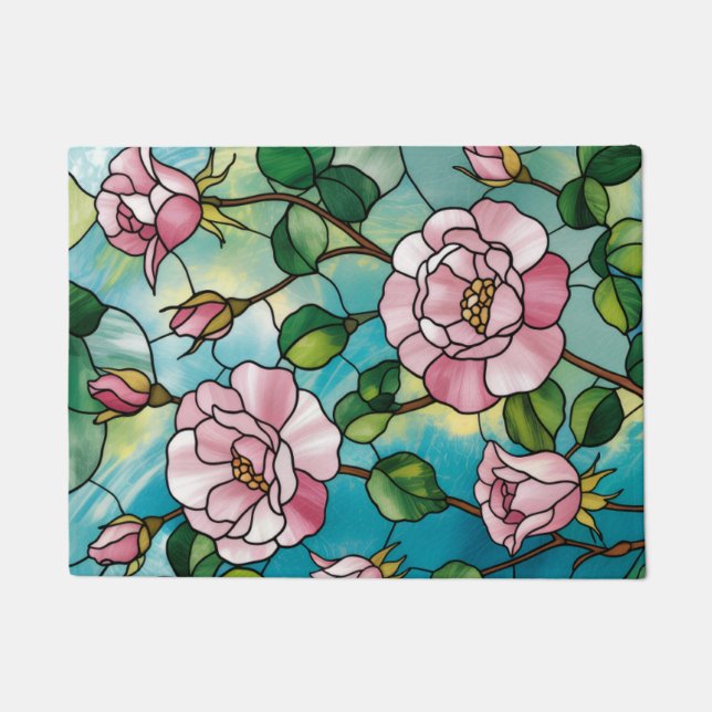 Blumen-Effekt mit Glasmalerei Rosa Blumen Botanisc Fußmatte (Vorderseite)