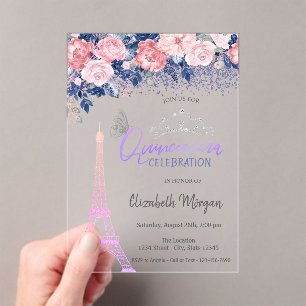Blumen, Eiffelturm Schmetterling Ombre Quinceanera Acryleinladungen