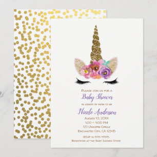Blumen-Einhornhorn Gold-Confetti-Baby-Party Einladung