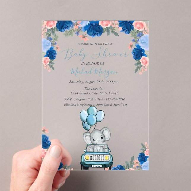 Blumen, Elefant Babyshower Acryleinladungen (Insitu (Handheld))