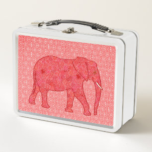 Blumen Elefant, Tiefrot und Korallenrot Metall Lunch Box