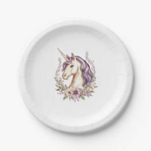 Blumen-Fantasy-Einhorn  (1) Pappteller