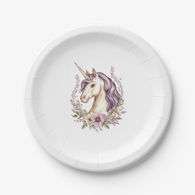 Blumen-Fantasy-Einhorn  (1) Pappteller (Vorderseite)