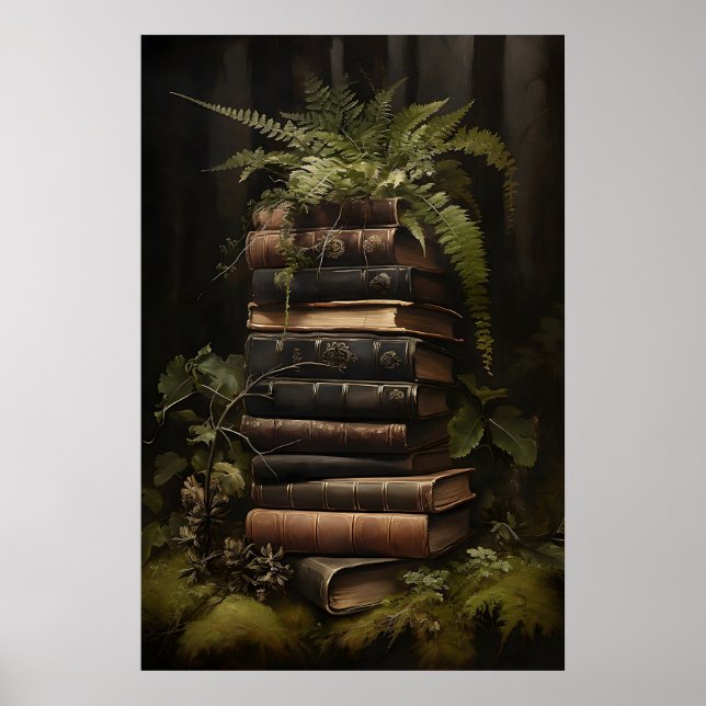 Blumen-Farn-Bücher Druck, Dark Academia Gothic Poster (Vorne)