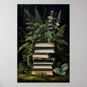Blumen-Farn-Buchstapel-Druck, Dark Academia Poster