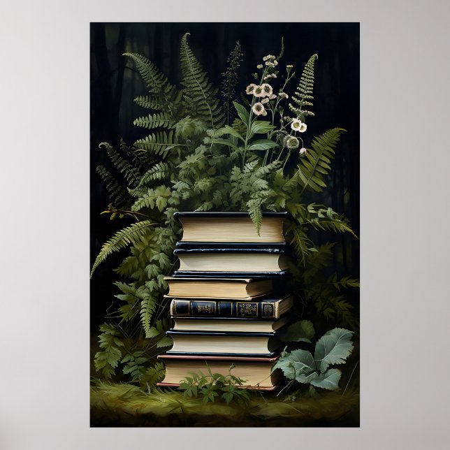 Blumen-Farn-Buchstapel-Druck, Dark Academia Poster (Vorne)