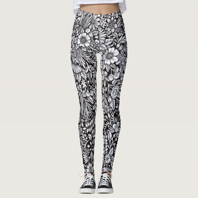 Blumen-Feld-Schwarzweiss-Leggings Leggings (Vorderseite)