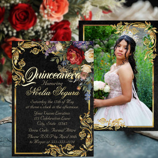 Blumen-, Foto- & Goldrahmen - Schwarze Quinceanera Folieneinladung
