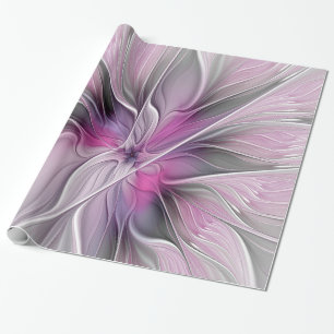 Blumen-Fraktal Moderne Abstrakte Blume Pink Grau Geschenkpapier