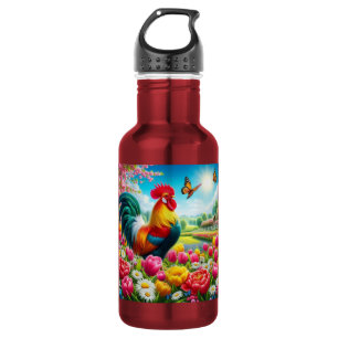 Blumen-/Frühlingshahn/-huhnkunstwerk Edelstahlflasche