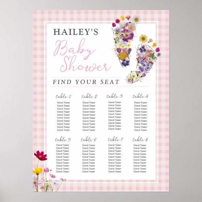 Blumen-Fußabdrücke Baby Shower Sitzplan Poster (Vorne)