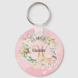 Blumen-Geode-Achat-Gold-Schrift-Monogramm Schlüsselanhänger