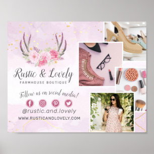 Blumen Geweih Rosa Gold Marmor 4-Foto-Marketing Poster