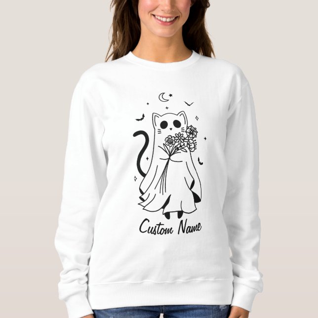 Blumen-Ghost-Katze Halloween Sweatshirt (Vorderseite)