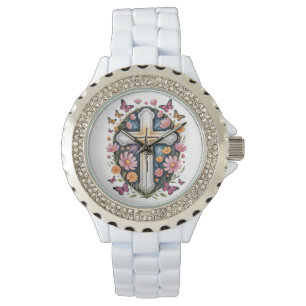 Blumen Glaubenskreuz Armbanduhr