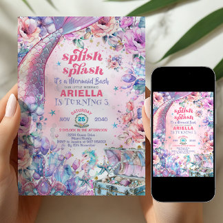 Blumen Glitter Meerjungfrauenschwanz 3. Geburtstag Einladung