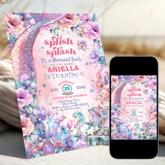 Blumen Glitter Meerjungfrauenschwanz 6. Geburtstag Einladung