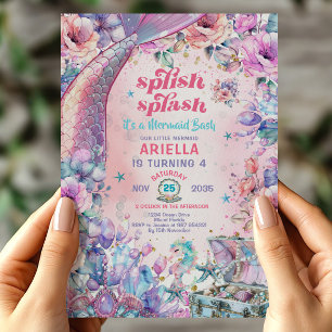 Blumen Glitter Meerjungfrauenschwanz Rosa und Lila Einladung