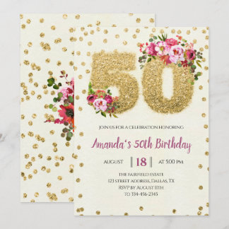Blumen & Gold Glitzer 50. Geburtstag Einladung