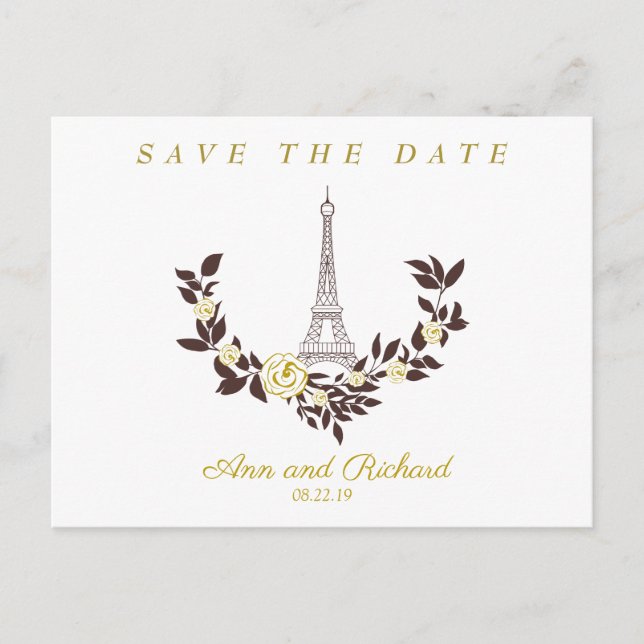 Blumen Gold Parisian Wedding Design Ankündigungspostkarte (Vorderseite)