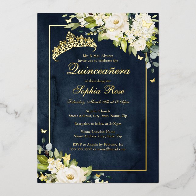 Blumen Golden Butterfly Navy Quinceanera Folieneinladung (Vorderseite)