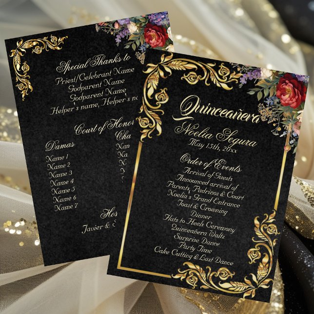 Blumen & Goldene Blätter - Schwarzes Quinceanera-P Programm (Von Creator hochgeladen)