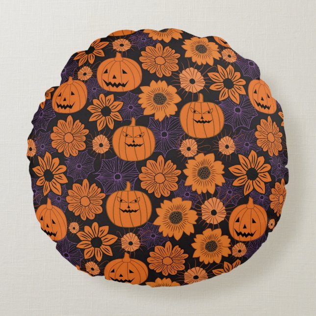 Blumen-Halloween Rundes Kissen (Vorderseite)