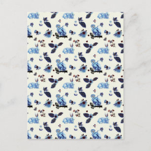 Blumen Hase Affe Blau Weiß Vintage Feiertagspostkarte