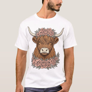 Blumen-Hochland-Kuh-Vintage-Stickerei-Shirt-Design T-Shirt