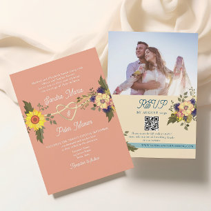 Blumen-Hochzeit Pfirsich QR-Code Einladung