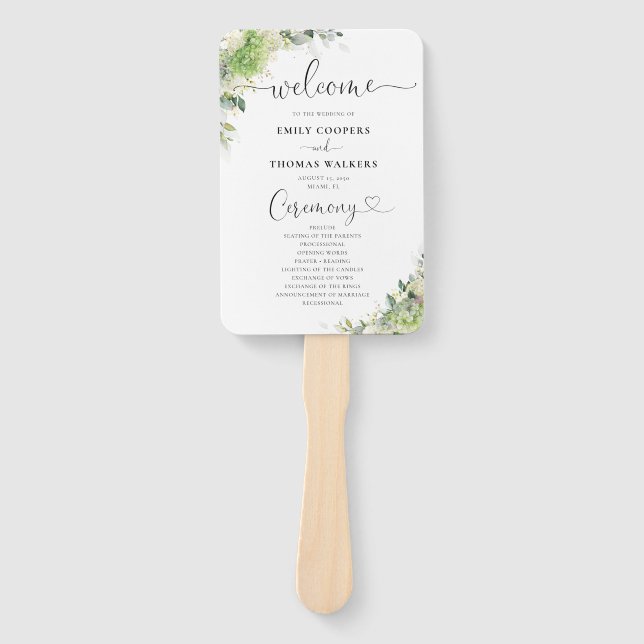 Blumen-Hortensien-Hochzeitsprogramm-Handfächer Fächer (Vorderseite)