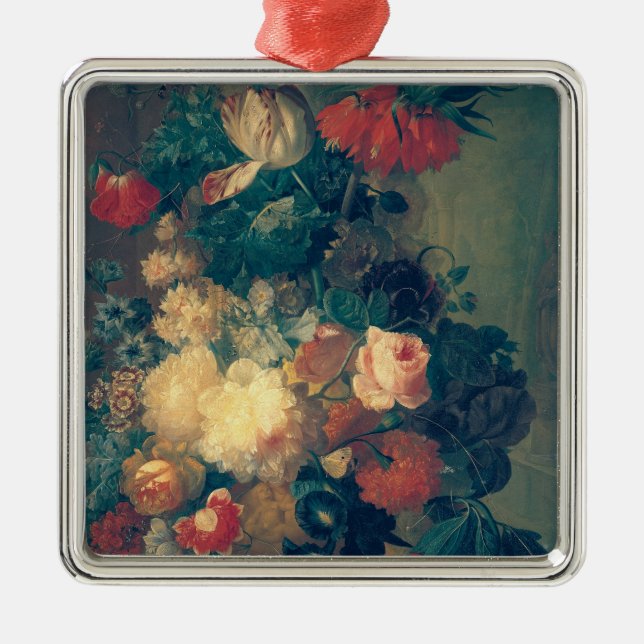 Blumen in einem Vase mit dem Nest eines Vogels Silbernes Ornament (Vorne)