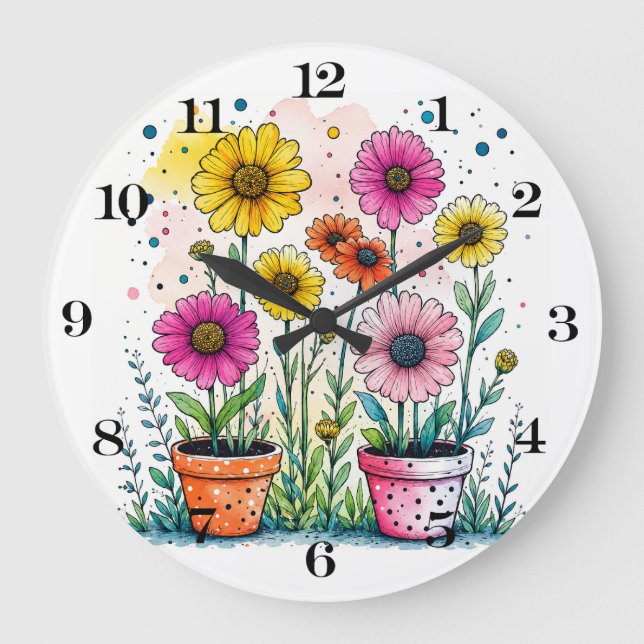 Blumen in einer Topfuhr Große Wanduhr (Vorderseite)
