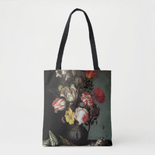 Blumen in einer Vase mit Muscheln und Insekten