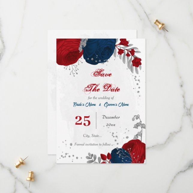 Blumen in Rot- und Marineblau, silber botanisch Save The Date (Vorderseite/Rückseite Beispiel)