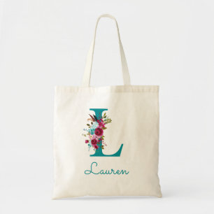 Blumen-Initiale L Schrift-Monogramm Türkis Rosa Tragetasche