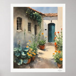 Blumen-Innenhof-Leinwand, Türkisfarbene Tür-Garten Poster