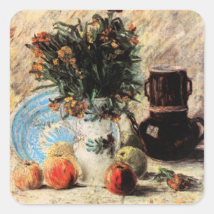 Blumen, Kaffeekanne und Früchte von Vincent van Go Quadratischer Aufkleber