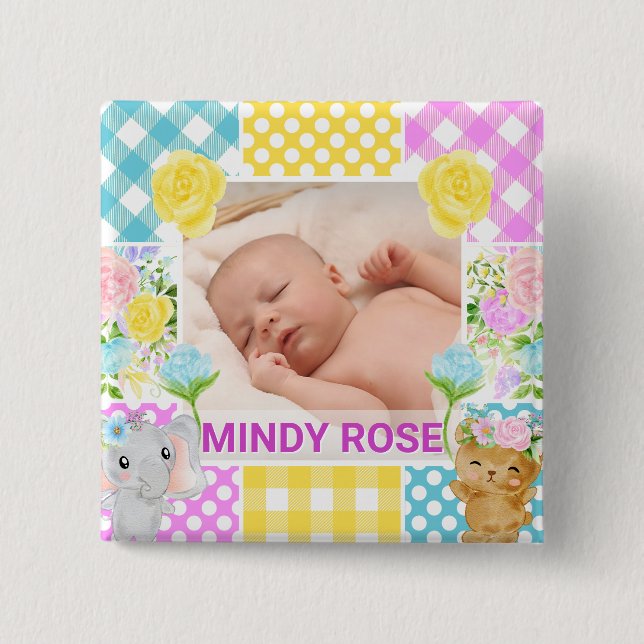 Blumen- & Karo-Fotobild Neugeborenes Baby Button (Vorderseite)