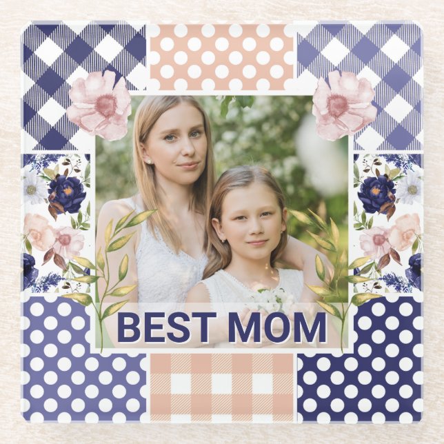 Blumen- & Karo-Fotorahmen Muttertag Glasuntersetzer (Vorderseite)