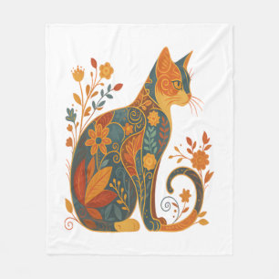 Blumen-Katzen-Silhouette � Farbige Vintage-Botanik Fleecedecke