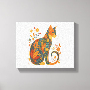 Blumen-Katzen-Silhouette – Farbige Vintage-Botanik Leinwanddruck