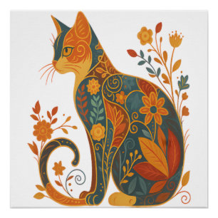 Blumen-Katzen-Silhouette � Farbige Vintage-Botanik Poster