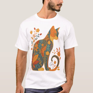 Blumen-Katzen-Silhouette � Farbige Vintage-Botanik T-Shirt